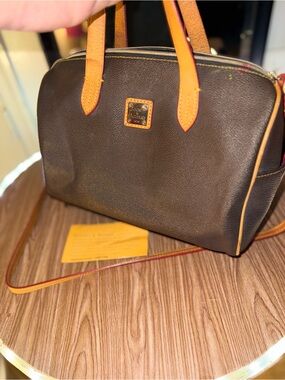 Dooney & Bourke Dark Brown Pebble Leather Shoulder Bag with Tan Trim